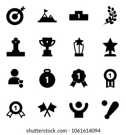 Solid vector icon set - target vector, attainment, pedestal, golden branch, winner, win cup, award, gold medal, flags cross, success, baseball bat