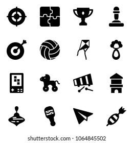 Solid vector icon set - target vector, puzzle, gold cup, pawn, volleyball, kite, beanbag, game console, wheel horse, xylophone, toy block house, wirligig, paper plane, dart