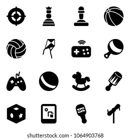 Solid vector icon set - target vector, chess queen, pawn, ball, volleyball, kite, joystick wireless, beanbag, rocking horse, cube toy, game console, windmill