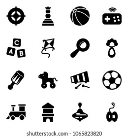 Solid vector icon set - target vector, chess queen, ball, joystick wireless, abc cube, kite, beanbag, wheel horse, xylophone, soccer, toy train, block house, wirligig, yoyo