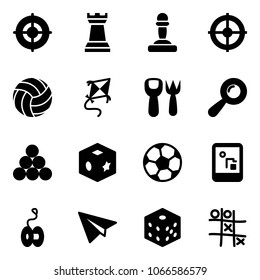 Solid vector icon set - target vector, chess tower, pawn, volleyball, kite, shovel fork toy, beanbag, billiards balls, cube, soccer ball, game console, yoyo, paper plane, bones, Tic tac toe