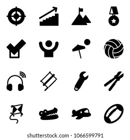 Solid vector icon set - target vector, growth, mountain, star medal, check, success, beach, volleyball, wireless headphones, bucksaw, wrench, bolt cutter, kite, crocodile, plane toy, football