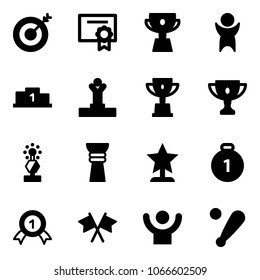 Solid vector icon set - target vector, certificate, cup, success, pedestal, winner, win, gold, award, medal, flags cross, baseball bat