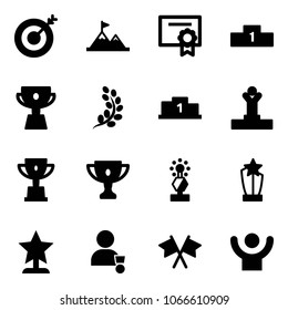 Solid vector icon set - target vector, attainment, certificate, pedestal, cup, golden branch, winner, win, gold, award, flags cross, success