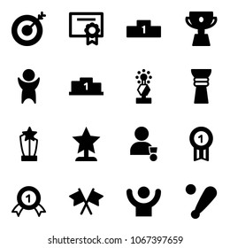 Solid vector icon set - target vector, certificate, pedestal, cup, success, award, winner, gold medal, flags cross, baseball bat