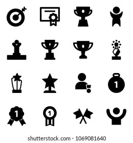 Solid vector icon set - target vector, certificate, cup, success, winner, win, gold, award, medal, flags cross