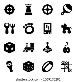 Solid vector icon set - target vector, chess tower, beanbag, shovel fork toy, game console, wheel horse, cube, train, wirligig, yoyo, bones, football, Tic tac toe