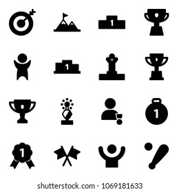 Solid vector icon set - target vector, attainment, pedestal, cup, success, winner, win, gold, award, medal, flags cross, baseball bat