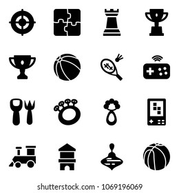 Solid vector icon set - target vector, puzzle, chess tower, win cup, gold, ball, badminton, joystick wireless, shovel fork toy, beanbag, game console, train, block house, wirligig, basketball
