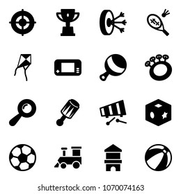 Solid vector icon set - target vector, win cup, solution, badminton, kite, game console, beanbag, xylophone, cube toy, soccer ball, train, block house, beach