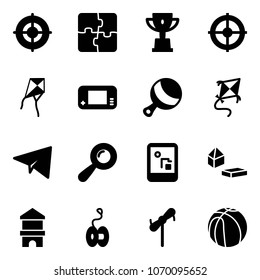Solid vector icon set - target vector, puzzle, win cup, kite, game console, beanbag, paper plane, constructor blocks, toy block house, yoyo, windmill, basketball