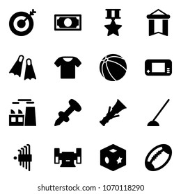 Solid vector icon set - target vector, money, star medal, pennant, flippers, t shirt, ball, game console, plant, nail dowel, hoe, allen key set, sharpening, cube toy, football