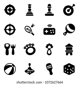 Solid vector icon set - target vector, chess queen, pawn, badminton, joystick wireless, beanbag, shovel fork toy, block house, beach ball, wirligig, bones