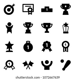 Solid vector icon set - target vector, certificate, pedestal, cup, success, win, gold, award, medal, flags cross, baseball bat