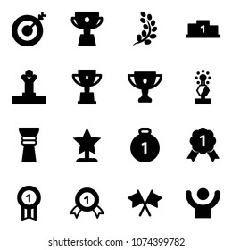 Solid vector icon set - target vector, cup, golden branch, pedestal, winner, win, gold, award, medal, flags cross, success