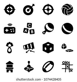 Solid vector icon set - target vector, volleyball, joystick wireless, abc cube, beanbag, ball, xylophone, toy, constructor blocks, block house, wirligig, football, Tic tac toe