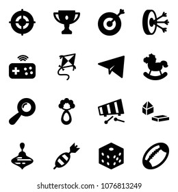 Solid vector icon set - target vector, gold cup, solution, joystick wireless, kite, paper plane, rocking horse, beanbag, xylophone, constructor blocks, wirligig toy, dart, bones, football