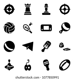 Solid vector icon set - target vector, chess tower, pawn, volleyball, badminton, game console, beanbag, ball, paper plane, constructor blocks, wirligig toy, yoyo, football