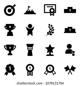 Solid vector icon set - target vector, attainment, certificate, pedestal, cup, success, golden branch, gold, award, winner, medal, flags cross