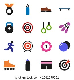 solid vector icon set - target vector, weight, punching bag, fitball, snickers, shorts, roller Skates, skateboard, medal, water bottle, shuttlecock, gymnast rings, run