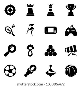 Solid vector icon set - target vector, chess tower, queen, win cup, badminton, kite, game console, joystick, beanbag, billiards balls, xylophone, soccer ball, wirligig toy, basketball