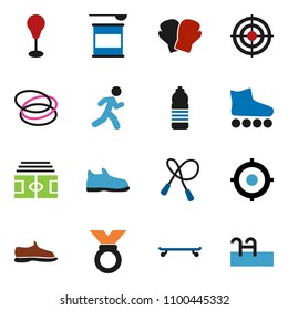 solid vector icon set - target vector, stadium, jump rope, punching bag, snickers, boxing glove, roller Skates, skateboard, medal, sports nutrition, water bottle, hoop, run, pool