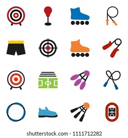 solid vector icon set - target vector, stadium, jump rope, hand trainer, punching bag, snickers, shorts, roller Skates, shuttlecock, hoop