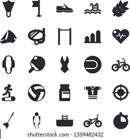 Solid vector icon set - target flat vector, sneakers, volleyball, heartbeat, achievement chart, bicycle, vitamins, parallel bars, sports flag, tennis ball, swimsuit, sport T shirt, Treadmill, pool