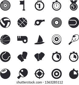 Solid vector icon set - target flat vector, medal, whistle, bowling ball, basketball, volleyball, stopwatch, sports flag, tennis, boxing gloves, table, fector, windsurfing