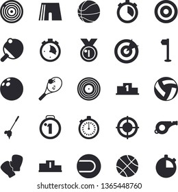Solid vector icon set - target flat vector, medal, pedestal, whistle, bowling ball, basketball, volleyball, stopwatch, athletic shorts, sports flag, tennis, boxing gloves, table, fector, golf