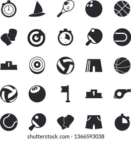 Solid vector icon set - target flat vector, pedestal, whistle, bowling ball, basketball, volleyball, stopwatch, athletic shorts, sports flag, tennis, boxing gloves, table, windsurfing