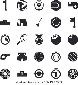 Solid vector icon set - target flat vector, medal, pedestal, whistle, bowling ball, basketball, volleyball, stopwatch, athletic shorts, sports flag, tennis, fector, golf