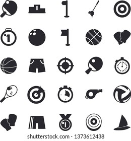 Solid vector icon set - target flat vector, medal, pedestal, whistle, bowling ball, basketball, volleyball, stopwatch, athletic shorts, sports flag, boxing gloves, table tennis, fector, golf