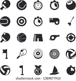Solid vector icon set - target flat vector, medal, whistle, bowling ball, basketball, volleyball, stopwatch, athletic shorts, sports flag, tennis, table, fector, golf, windsurfing