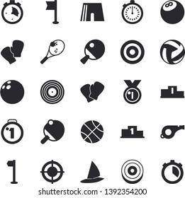 Solid vector icon set - target flat vector, medal, pedestal, whistle, bowling ball, basketball, volleyball, stopwatch, athletic shorts, sports flag, boxing gloves, table tennis, fector, windsurfing