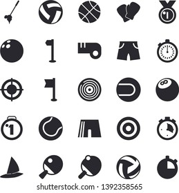 Solid vector icon set - target flat vector, medal, bowling ball, basketball, volleyball, stopwatch, athletic shorts, sports flag, tennis, boxing gloves, table, whistle, golf fector, windsurfing