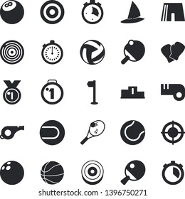 Solid vector icon set - target flat vector, medal, pedestal, whistle, bowling ball, basketball, volleyball, stopwatch, athletic shorts, sports flag, tennis, boxing gloves, table, fector, windsurfing
