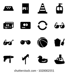 Solid vector icon set - taxi vector, coffee machine, road cone, liquid soap, credit card, refresh, sunglasses, ball, bucket scoop, drill, toy windmill, duck, boat