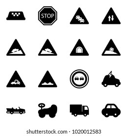Solid vector icon set - taxi vector, stop road sign, multi lane traffic, oncoming, climb, steep descent, tunnel, roadside, car crash, rough, no overtake, electric, cabrio, baby, truck toy