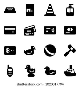 Solid vector icon set - taxi vector, coffee machine, road cone, liquid soap, credit card, tap pay, duck toy, ball, hammer, phone, boat