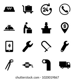 Solid vector icon set - taxi vector, baggage, 24 hours, phone, client bell, baby room, recieptionist, dollar pin, mobile payment, wrench, fretsaw, plumber, jack, allen key, truck toy