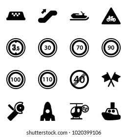 Solid vector icon set - taxi vector, escalator up, snowmobile, road for moto sign, limited height, speed limit 30, 70, 90, 100, 110, end, flags cross, Angular grinder, rocket, helicopter toy, boat