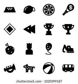 Solid vector icon set - taxi vector, lemon, slice, money torch, main road sign, fast backward, win cup, gold, moon flag, king, balloon smile, excavator toy, horn, horse, beach ball, bus