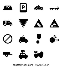 Solid vector icon set - taxi vector, parking sign, safety car, baggage truck, encashment, giving way road, multi lane traffic, embankment, no limit, electric, piston, wireless key, trailer, toy