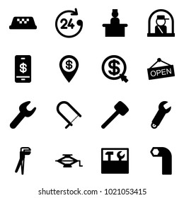 Solid vector icon set - taxi vector, 24 hours, recieptionist, officer window, mobile payment, dollar pin, money click, open, wrench, fretsaw, rubber hammer, plumber, jack, tool box, allen key