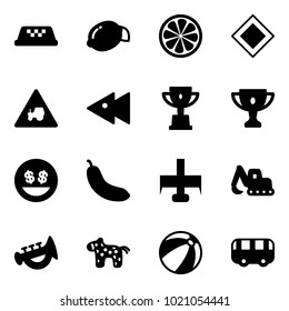 Solid vector icon set - taxi vector, lemon, slice, main road sign, tractor way, fast backward, win cup, gold, money smile, banana, milling cutter, excavator toy, horn, horse, beach ball, bus