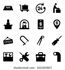 Solid vector icon set - taxi vector, baggage, 24 hours, baby room, recieptionist, officer window, mobile payment, dollar pin, open, fretsaw, plumber, screwdriver, tool box, wrench, allen key