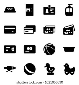 Solid vector icon set - taxi vector, coffee machine, identity, liquid soap, credit card, tap pay, ball, basin, pipe welding, toy duck