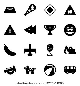 Solid vector icon set - taxi vector, money torch, main road sign, tractor way, traffic light, fast backward, gold cup, smile, banana, milling cutter, balloon, excavator toy, horn, horse, beach ball