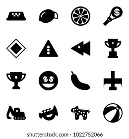 Solid vector icon set - taxi vector, lemon, slice, money torch, main road sign, traffic light, fast backward, win cup, gold, smile, banana, milling cutter, excavator toy, horn, horse, beach ball